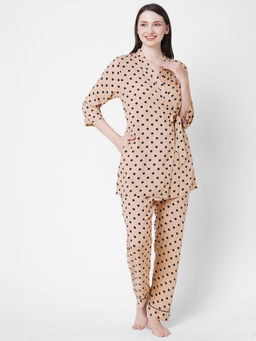 Sweet Dreams - Women Beige Polka Dots Shirt with Inner & Pyjama