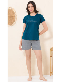 Quira - Women Blue Printed Regular Fit T-shirt & Shorts