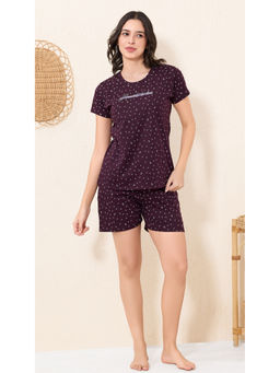 Quira - Women Wine Printed Regular Fit T-shirt & Shorts