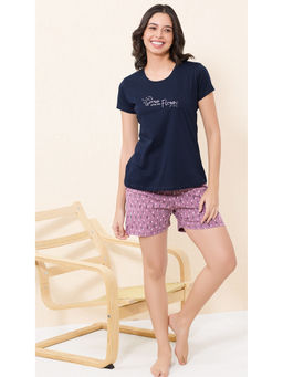 Quira - Women Navy Blue Printed Regular Fit T-shirt & Shorts