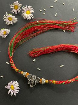 Digital Dress Room - Rakhi Ganesh Elephant Rudraksha Beads Criss Cross Rakhi Thread