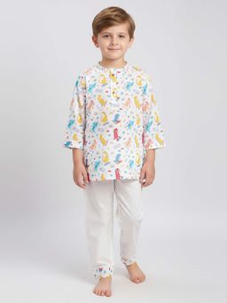 Polka Tots - Kids Cotton Printed Nightwear Top and Pyjama White (Set of 2)