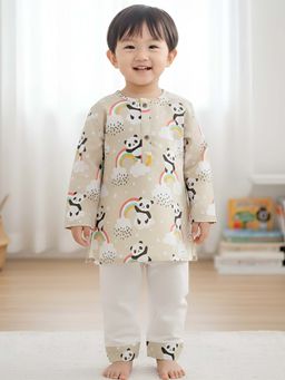 Polka Tots - Kids Cotton Printed Nightwear Top and Pyjama Beige (Set of 2)