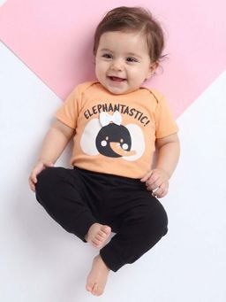 Polka Tots - Elephant Kids Cotton Half Sleeve Printed Onesies with Trouser