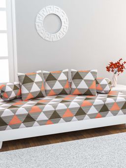Home Affairs - 100% Cotton 6 pc Diwan Set Bedsheet, Bolster Covers & Cushion Covers Orange