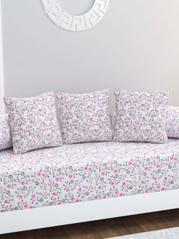Home Affairs - 100% Cotton 6 pc Diwan Set Bedsheet, Bolster Covers & Cushion Covers Pink