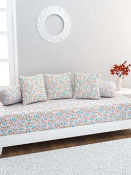 Home Affairs - 100% Cotton 6 pc Diwan Set Bedsheet, Bolster Covers & Cushion Covers Blue