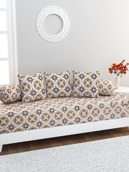 Home Affairs - 100% Cotton 6 pc Diwan Set Bedsheet, Bolster Covers & Cushion Covers Grey