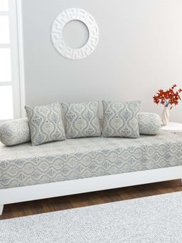 Home Affairs - 100% Cotton 6 pc Diwan Set Bedsheet, Bolster Covers & Cushion Covers White