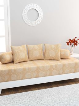 Home Affairs - 100% Cotton 6 pc Diwan Set Bedsheet, Bolster Covers & Cushion Covers Beige