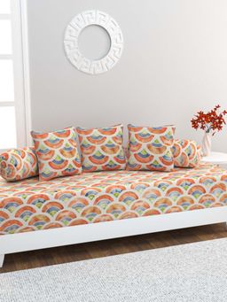 Home Affairs - 100% Cotton 6 pc Diwan Set Bedsheet, Bolster Covers & Cushion Covers Red