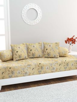 Home Affairs - 100% Cotton 6 pc Diwan Set Bedsheet, Bolster Covers & Cushion Covers Beige