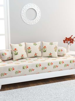 Home Affairs - 100% Cotton 6 pc Diwan Set Bedsheet, Bolster Covers & Cushion Covers
