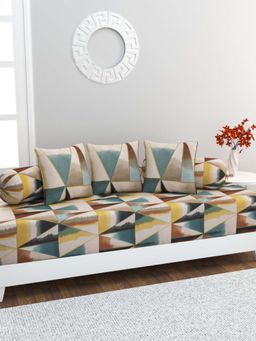 Home Affairs - 100% Cotton 6 pc Diwan Set Bedsheet, Bolster Covers & Cushion Covers Multi-Color