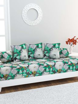 Home Affairs - 100% Cotton 6 pc Diwan Set Bedsheet, Bolster Covers & Cushion Covers Green