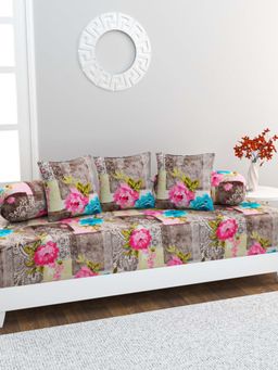 Home Affairs - 100% Cotton 6 pc Diwan Set Bedsheet, Bolster Covers & Cushion Covers Pink