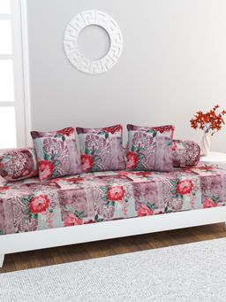 Home Affairs - 100% Cotton 6 pc Diwan Set Bedsheet, Bolster Covers & Cushion Covers Grey