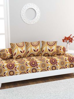 Home Affairs - 100% Cotton 6 pc Diwan Set Bedsheet, Bolster Covers & Cushion Covers Brown