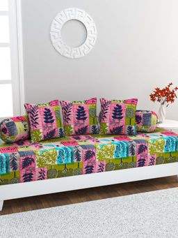 Home Affairs - 100% Cotton 6 pc Diwan Set Bedsheet, Bolster Covers & Cushion Covers Multi-Color