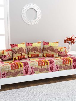 Home Affairs - 100% Cotton 6 pc Diwan Set Bedsheet, Bolster Covers & Cushion Covers Pink