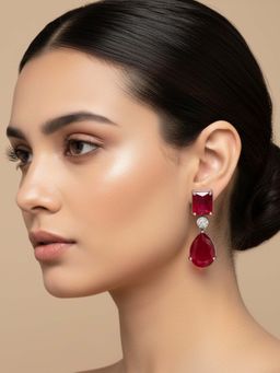 I Jewels - Silver Plated Red Cubic Zirconia Studded Earrings Women