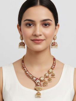 I Jewels - Gold Plated Maroon Kundan Studded And Pearl Beaded Jewellery Set Women