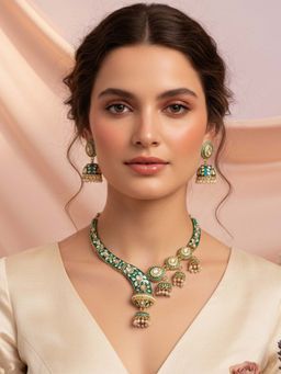 I Jewels - Gold Plated Peacock Green Kundan Studded And Pearl Beaded Jewellery Set Women