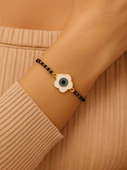 I Jewels - Gold Plated Adjustable Floral Evil Eye Pendant Mangalsutra Bracelet Women