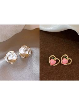 ISHKAARA - Peach Studs And White Pearl Earrings Combo Set