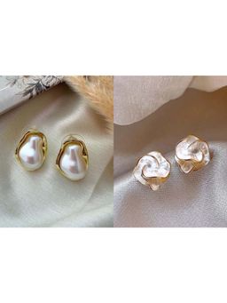 ISHKAARA - Golden Plated Pearl Studs And Mini Floral Pearl Studs Earrings Combo Set