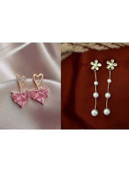 ISHKAARA - Pink Heart Earrings And Floral Drop Earrings Combo Set