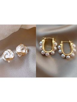 ISHKAARA - Flower Pearl Studs And Mini Pearl Studs Earrings Combo Set