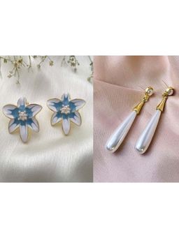 ISHKAARA - White Blue Floral Earrings And Pearl Drop Earrings Combo Set