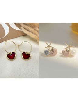 ISHKAARA - Red Heart Hoops And Sea Star Studs Earrings Combo Set
