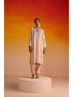 OHH CROW - Peach Embroidered Opara Silk Kurta with Pant and Dupatta (Set of 3)