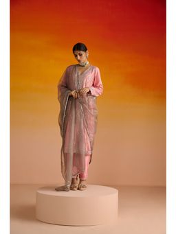 OHH CROW - Pink Embroidered Raw Silk Kurta with Pant and Dupatta (Set of 3)