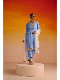 OHH CROW - Blue Embroidered Crepe Kurta with Pant and Dupatta (Set of 3)