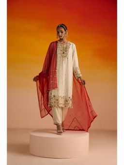 OHH CROW - Beige Embroidered Opara Silk Kurta with Pant and Dupatta (Set of 3)