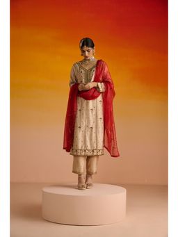 OHH CROW - Beige Embroidered Raw Silk Kurta with Pant and Dupatta (Set of 3)