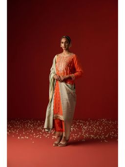OHH CROW - Orange Embroidered Crepe Kurta with Pant and Dupatta (Set of 3)
