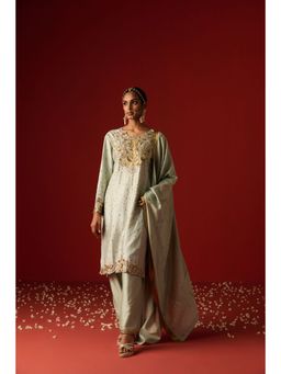 OHH CROW - Green Embroidered Raw Silk Kurta with Pant and Dupatta (Set of 3)