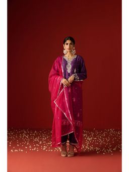 OHH CROW - Purple Embroidered Raw Silk Kurta with Pant and Dupatta (Set of 3)