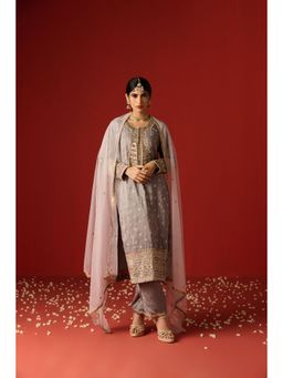 OHH CROW - Grey Embroidered Cotton Silk Kurta with Pant and Dupatta (Set of 3)