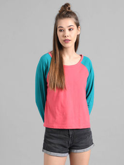 KOTTY - Women Pink Full Sleeves Round Neck Colorblock T-Shirt
