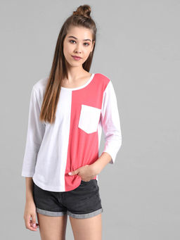 KOTTY - Women Multi-Color Three Fourth Sleeves Round Neck Colorblock T-Shirt