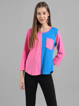 KOTTY - Women Multi-Color Three Fourth Sleeves Round Neck Colorblock T-Shirt