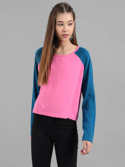 KOTTY - Women Pink Full Sleeves Round Neck Colorblock T-Shirt