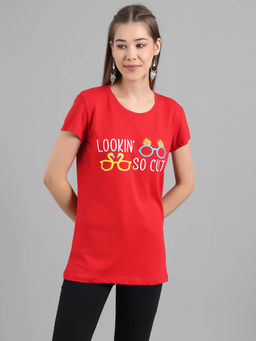 KOTTY - Women Red Half Sleeves Round Neck Printed T-Shirt