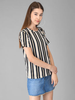 KOTTY - Women Black Half Sleeves Round Neck Stripes T-Shirt