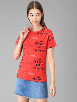 KOTTY - Women Red Half Sleeves Round Neck Printed T-Shirt